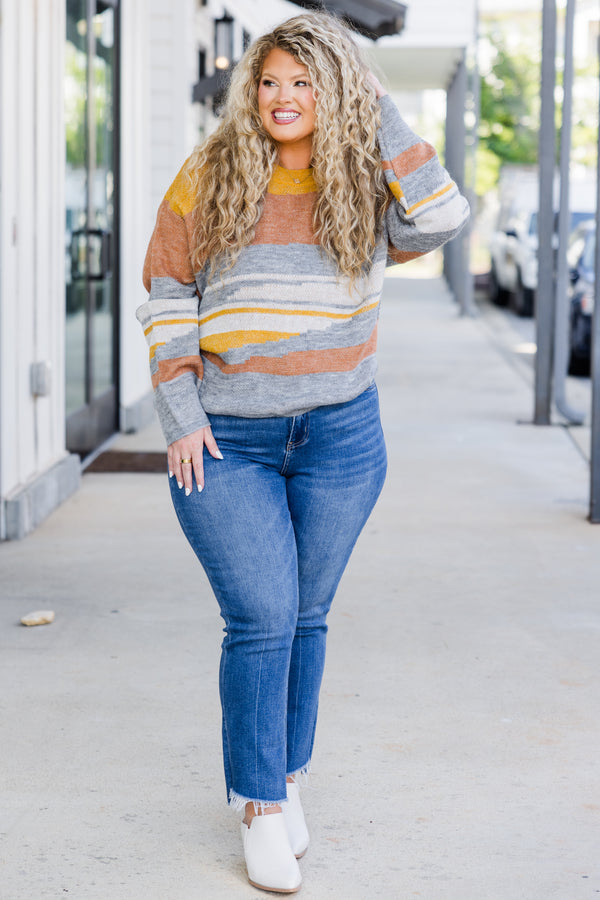 Chic Soul plus size clothing, grey, rust and yellow multi long sleeve abstract sweater with round neckline 