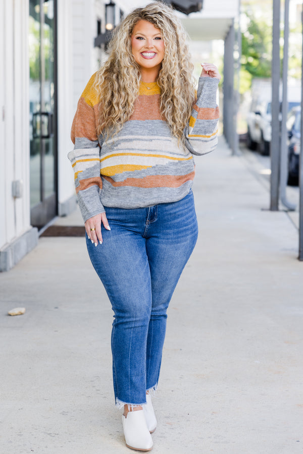 Chic Soul plus size clothing, grey, rust and yellow multi long sleeve abstract sweater with round neckline 