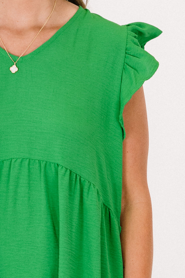 Chic Soul plus size clothing, kelly green v neck short ruffle sleeve casual babydoll casual dress