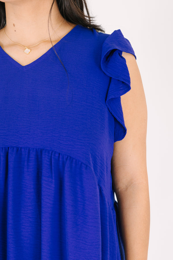 Chic Soul plus size clothing, royal blue v neck short flutter sleeve casual babydoll dress
