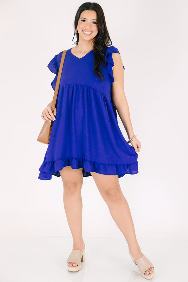 Chic Soul plus size clothing, royal blue v neck short flutter sleeve casual babydoll dress
