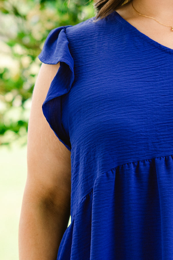 Chic Soul plus size clothing, royal blue v neck short flutter sleeve casual babydoll dress