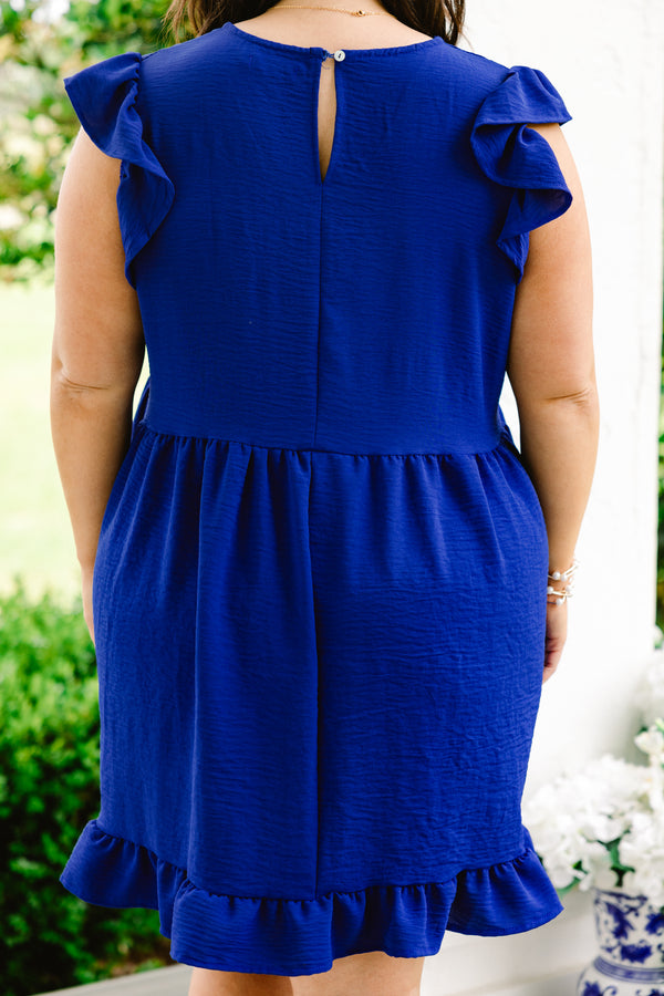 Chic Soul plus size clothing, royal blue v neck short flutter sleeve casual babydoll dress