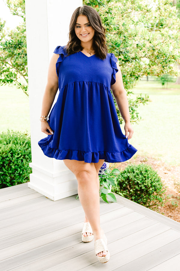 Chic Soul plus size clothing, royal blue v neck short flutter sleeve casual babydoll dress