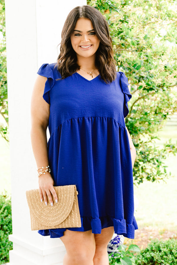 Chic Soul plus size clothing, royal blue v neck short flutter sleeve casual babydoll dress