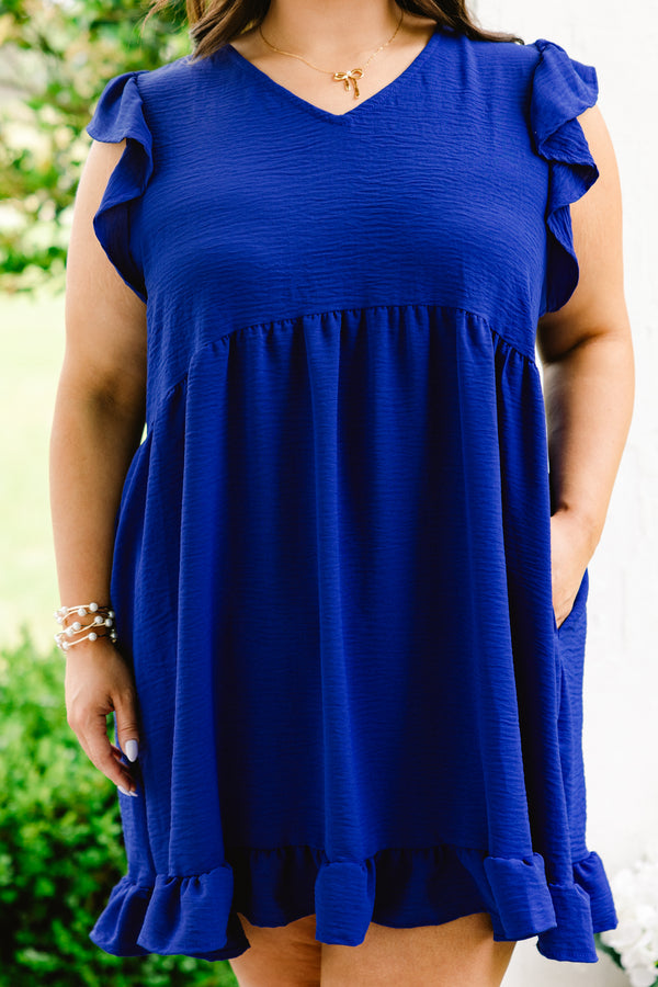 Chic Soul plus size clothing, royal blue v neck short flutter sleeve casual babydoll dress