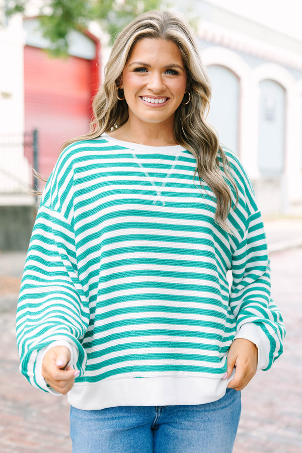 Plus Size kelly green and white striped pullover with a crew neck and textured fabric.