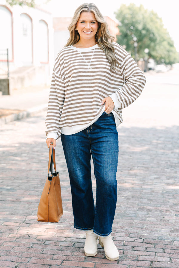 Plus Size mocha and white striped long sleeve pullover with a crew neckline and ribbed cuffs.