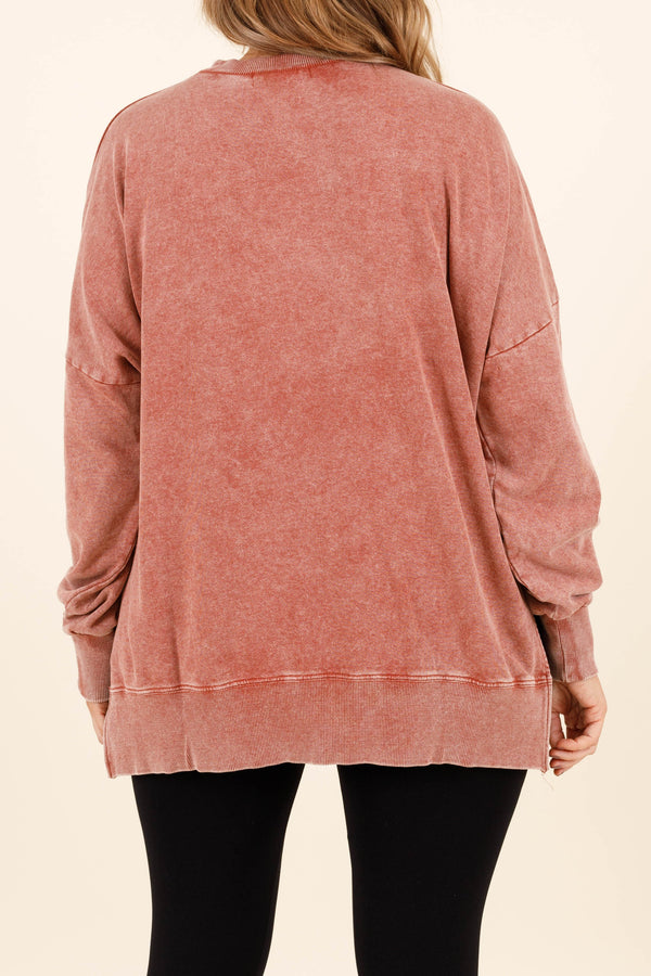Chic Soul plus size clothing, rust colored distressed look tunic length crewneck sweatshirt with slits on the side