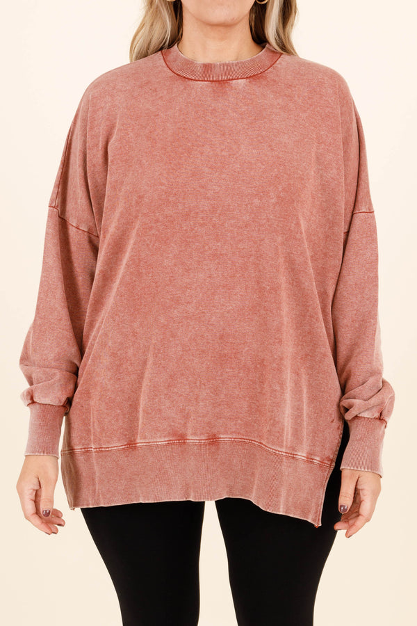 Chic Soul plus size clothing, rust colored distressed look tunic length crewneck sweatshirt with slits on the side