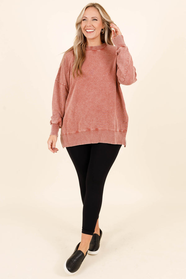Chic Soul plus size clothing, rust colored distressed look tunic length crewneck sweatshirt with slits on the side