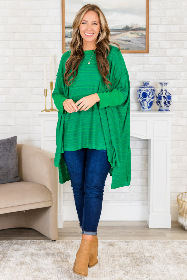 Chic Soul plus size clothing, quarter-sleeve flowy mid-thigh length kelly green top with scoop-neckline