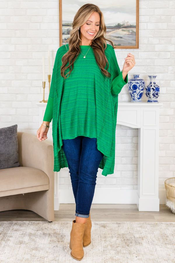 Chic Soul plus size clothing, quarter-sleeve flowy mid-thigh length kelly green top with scoop-neckline