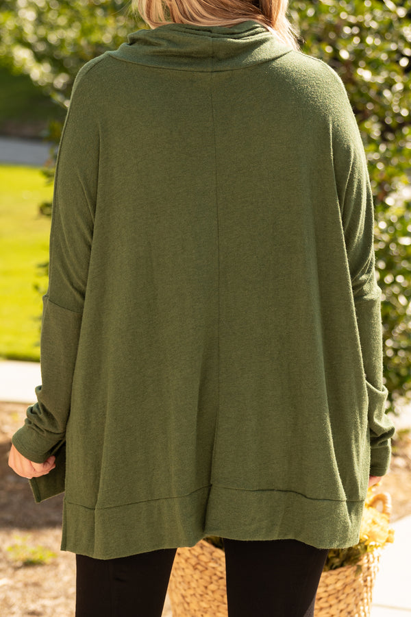 Chic Soul plus size clothing, olive green cowl neck top with slits on the side