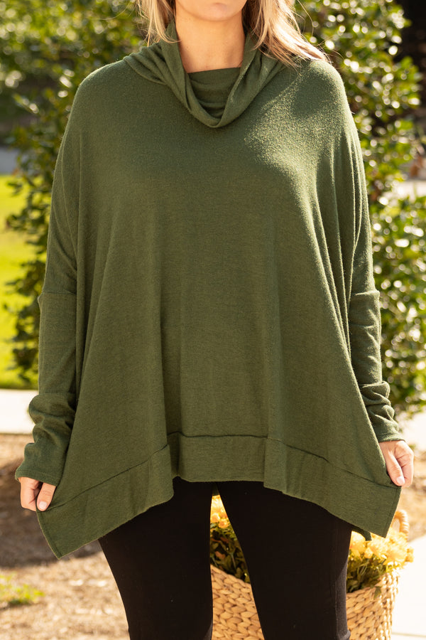 Chic Soul plus size clothing, olive green cowl neck top with slits on the side