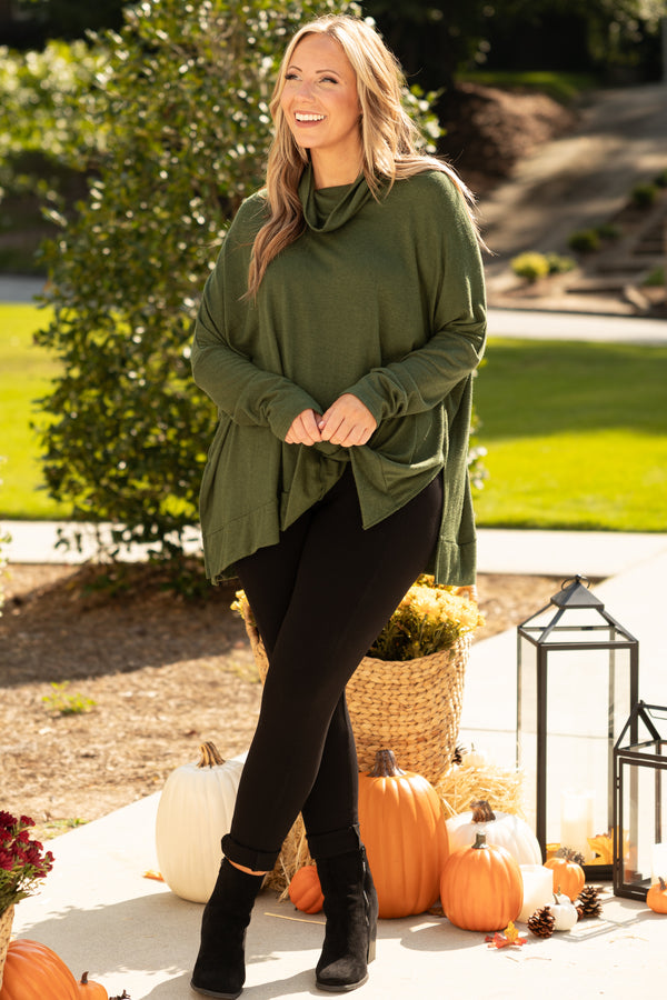 Chic Soul plus size clothing, olive green cowl neck top with slits on the side