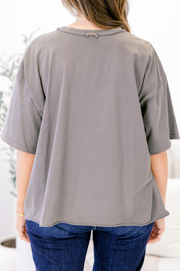 Chic Soul plus size clothing, charcoal gray short sleeve crop vintage wash tee with 