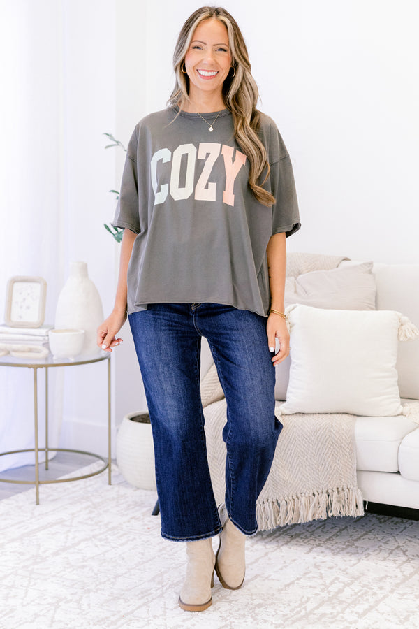 Chic Soul plus size clothing, charcoal gray short sleeve crop vintage wash tee with 