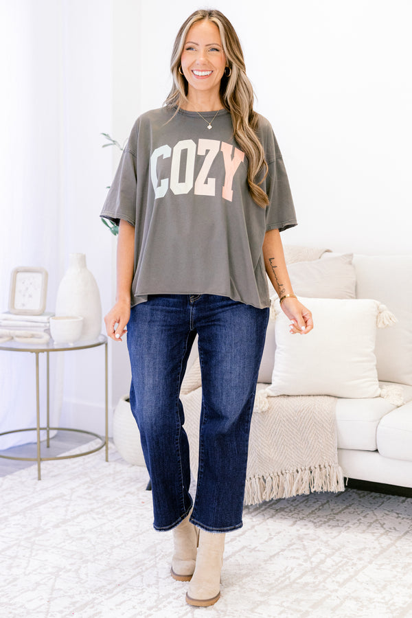 Chic Soul plus size clothing, charcoal gray short sleeve crop vintage wash tee with 