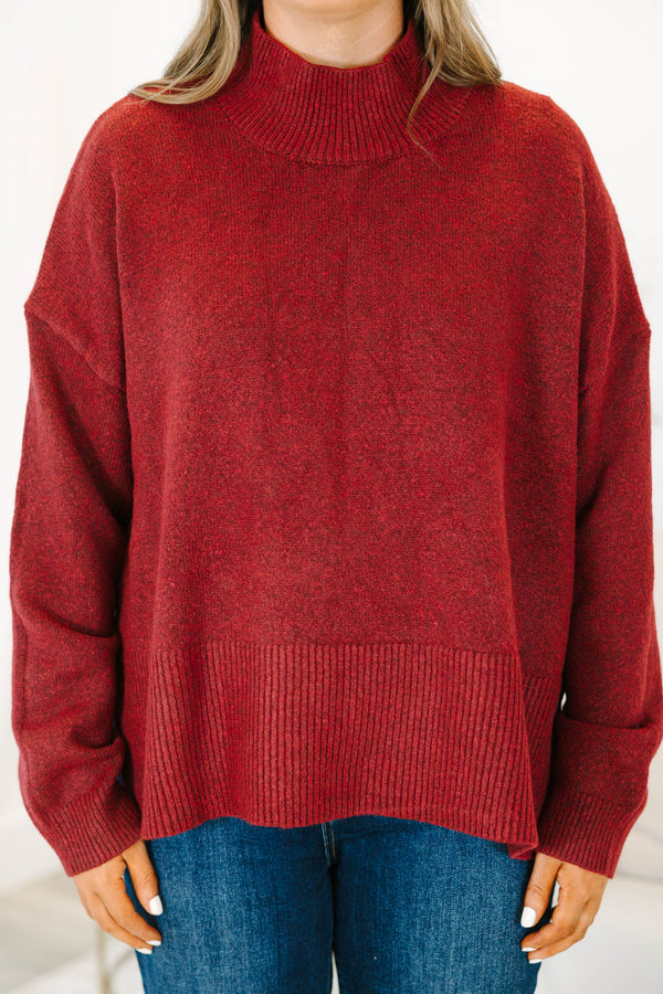Plus Size wine red mock neck sweater with a relaxed fit, drop shoulders, and ribbed knit trim.