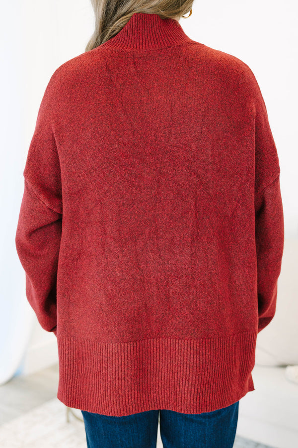 Plus Size wine red mock neck sweater with a relaxed fit, drop shoulders, and ribbed knit trim.