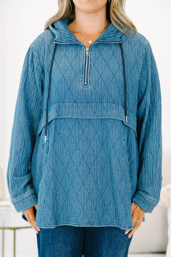 Chic Soul plus size clothing, blue long sleeve geometric print hoodie with three quarter zip detail with two side pockets and hooded detail