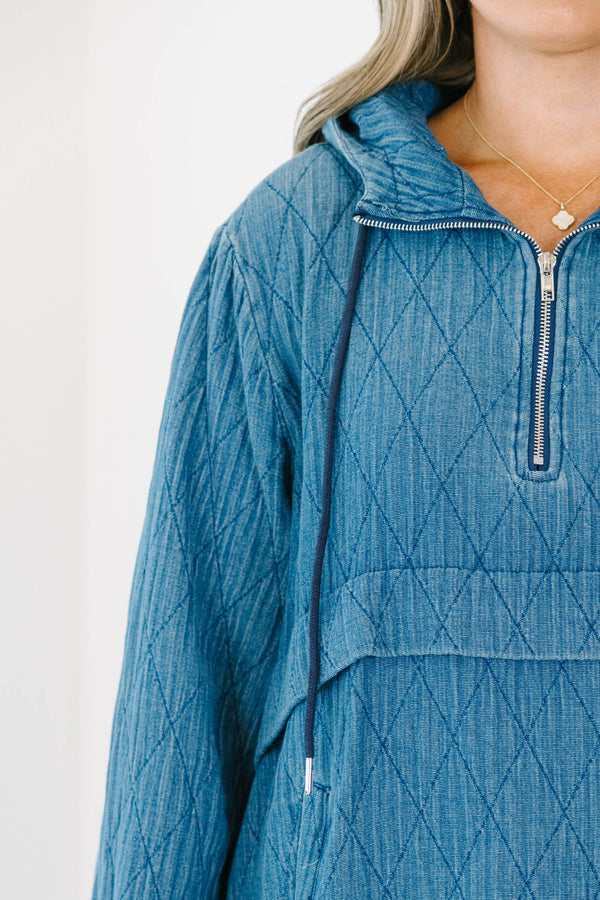 Chic Soul plus size clothing, blue long sleeve geometric print hoodie with three quarter zip detail with two side pockets and hooded detail