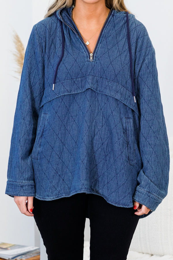 Chic Soul plus size clothing, blue long sleeve geometric print hoodie with three quarter zip detail with two side pockets and hooded detail
