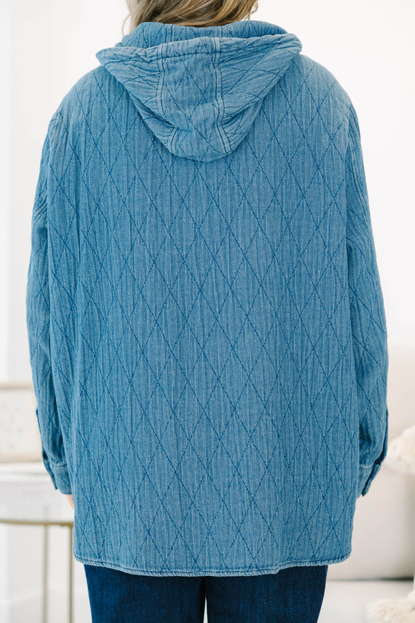 Chic Soul plus size clothing, blue long sleeve geometric print hoodie with three quarter zip detail with two side pockets and hooded detail