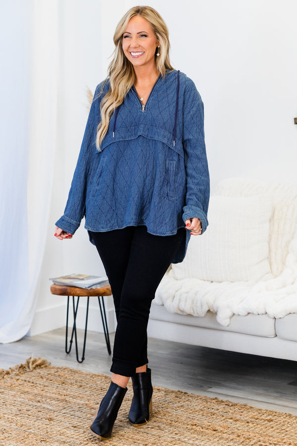 Chic Soul plus size clothing, blue long sleeve geometric print hoodie with three quarter zip detail with two side pockets and hooded detail
