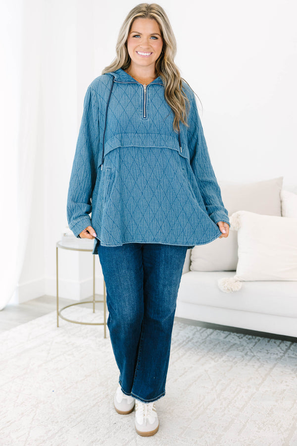 Chic Soul plus size clothing, blue long sleeve geometric print hoodie with three quarter zip detail with two side pockets and hooded detail