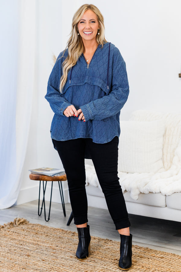 Chic Soul plus size clothing, blue long sleeve geometric print hoodie with three quarter zip detail with two side pockets and hooded detail
