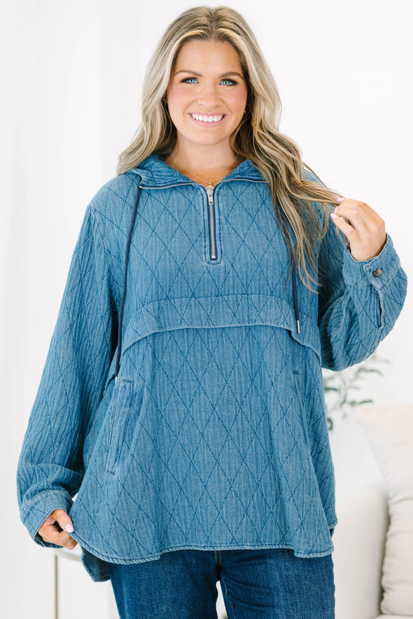Chic Soul plus size clothing, blue long sleeve geometric print hoodie with three quarter zip detail with two side pockets and hooded detail
