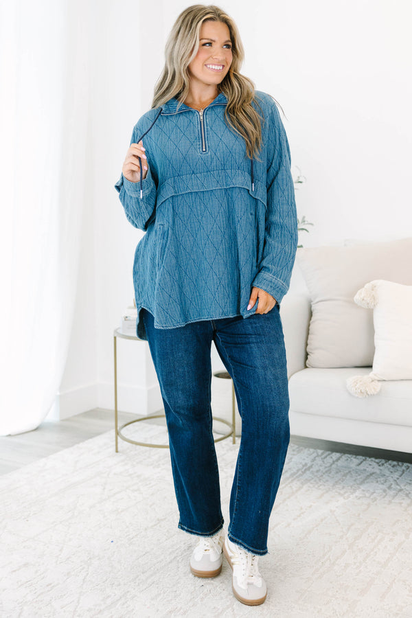 Chic Soul plus size clothing, blue long sleeve geometric print hoodie with three quarter zip detail with two side pockets and hooded detail