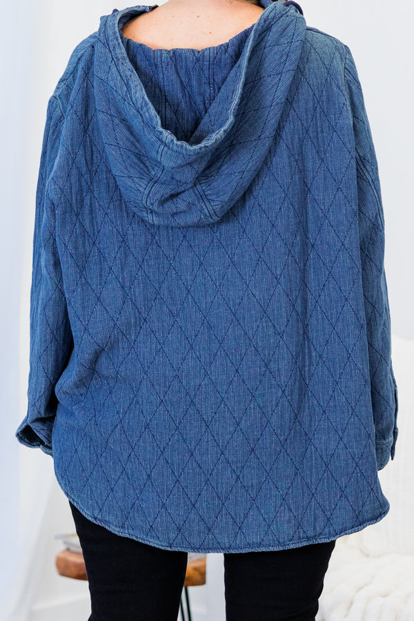 Chic Soul plus size clothing, blue long sleeve geometric print hoodie with three quarter zip detail with two side pockets and hooded detail
