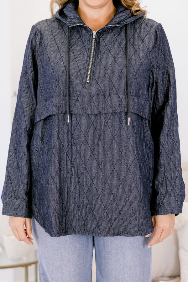 Chic Soul plus size clothing, dark denim blue baby doll long sleeve hoodie with quarter zip in the front, collar, and two drawstrings 