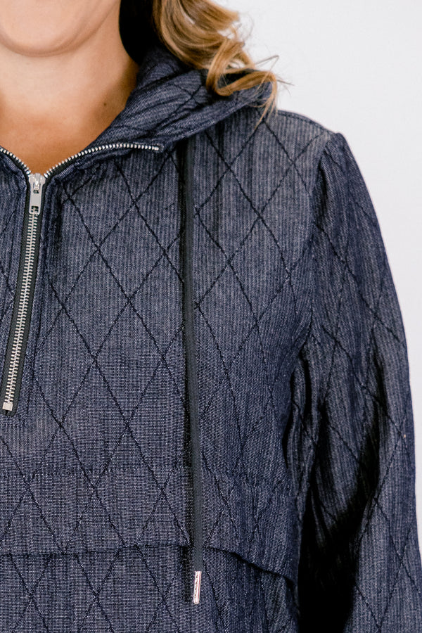 Chic Soul plus size clothing, dark denim blue baby doll long sleeve hoodie with quarter zip in the front, collar, and two drawstrings 