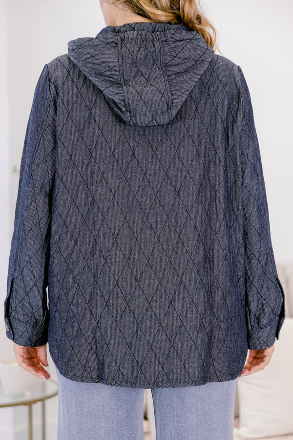 Chic Soul plus size clothing, dark denim blue baby doll long sleeve hoodie with quarter zip in the front, collar, and two drawstrings 