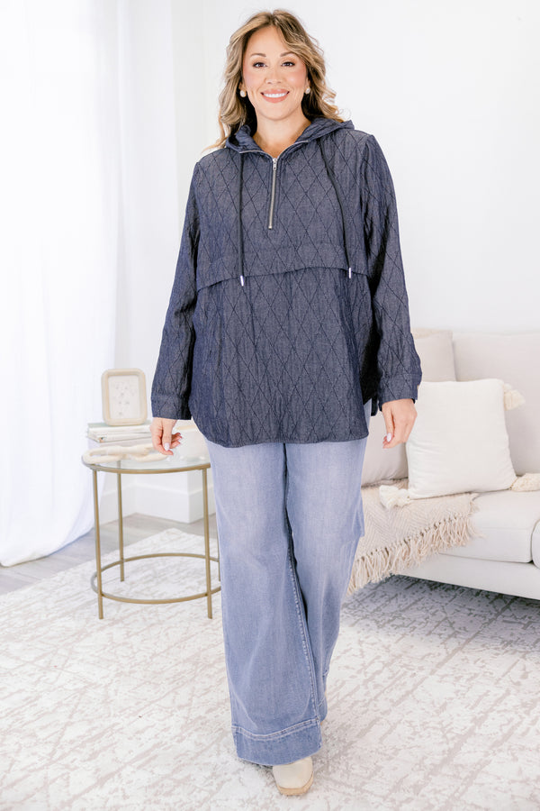 Chic Soul plus size clothing, dark denim blue baby doll long sleeve hoodie with quarter zip in the front, collar, and two drawstrings 