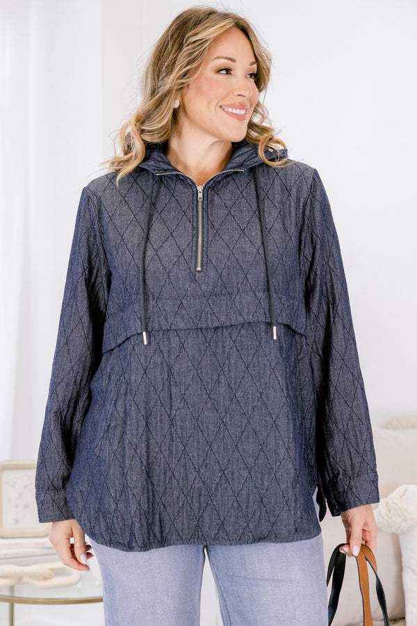 Chic Soul plus size clothing, dark denim blue baby doll long sleeve hoodie with quarter zip in the front, collar, and two drawstrings 