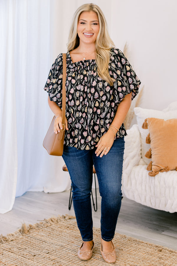 Chic Soul plus size clothing, black baby doll short sleeve top with bubble sleeves and pale pink and yellow floral print