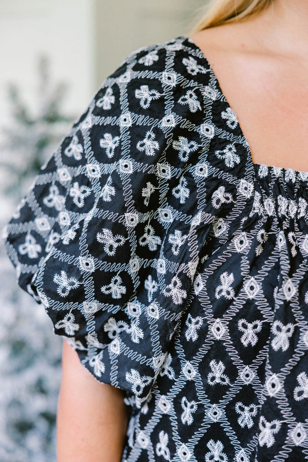 Chic Soul plus size clothing, navy square neck puff sleeve baby doll top with white floral patterning 