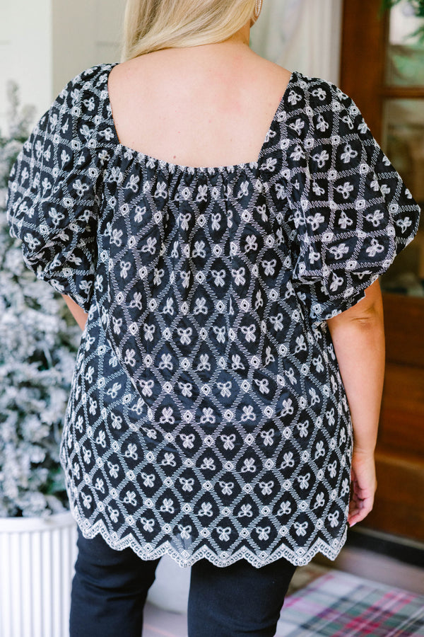 Chic Soul plus size clothing, navy square neck puff sleeve baby doll top with white floral patterning 