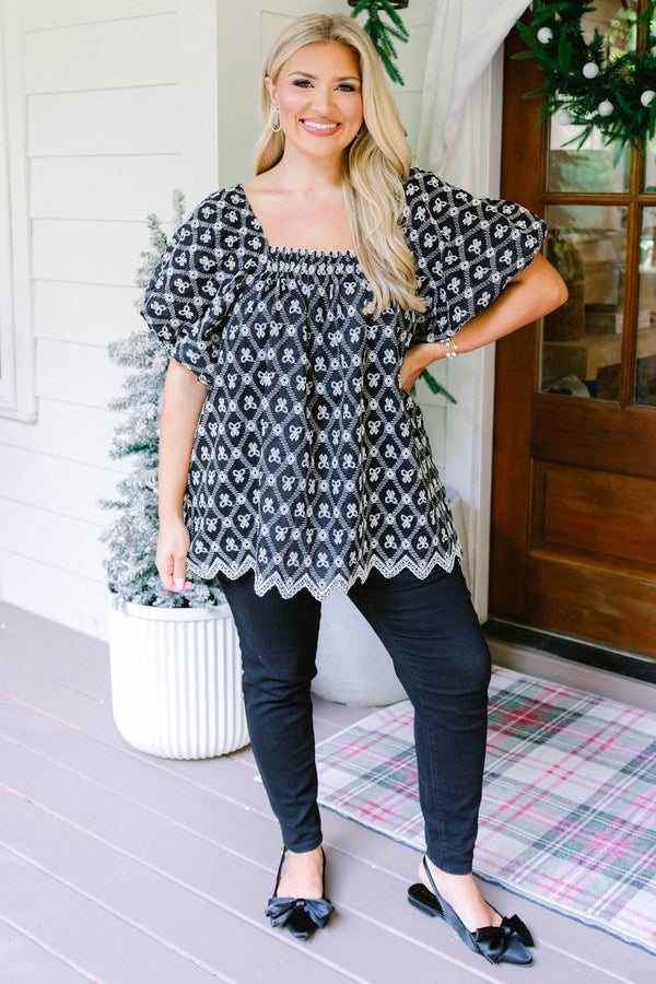 Chic Soul plus size clothing, navy square neck puff sleeve baby doll top with white floral patterning 