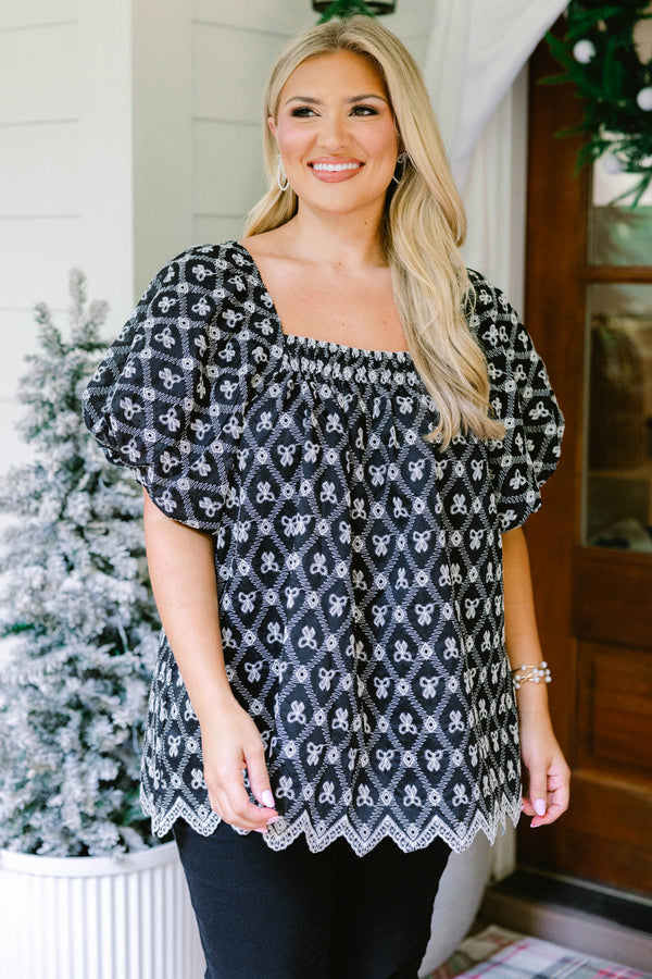 Chic Soul plus size clothing, navy square neck puff sleeve baby doll top with white floral patterning 