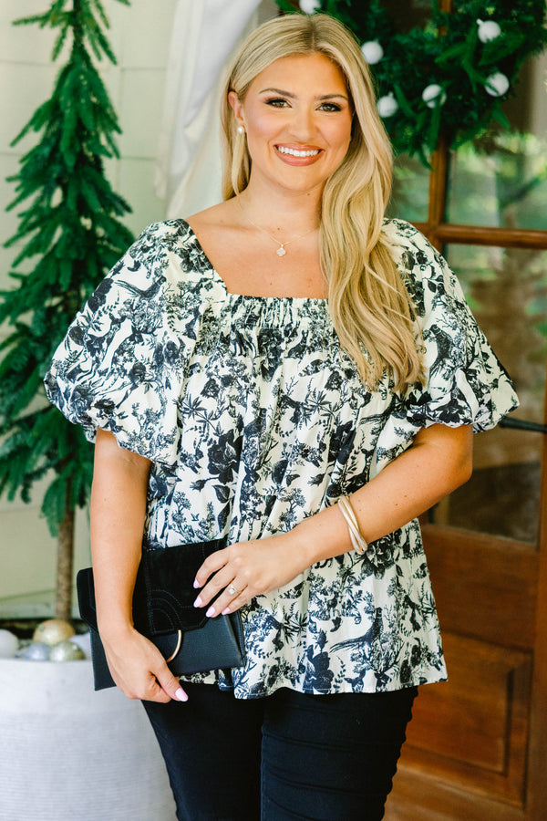 Chic Soul plus size clothing, black and white toile square neck puff sleeve baby doll top