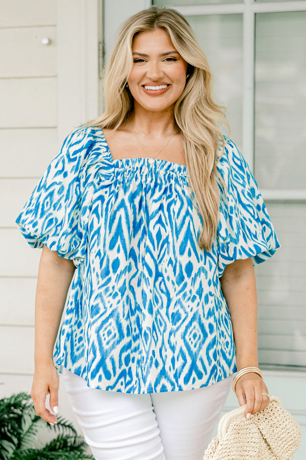 Chic Soul plus size clothing, Blue and white top with an abstract pattern and bubble sleeves 
