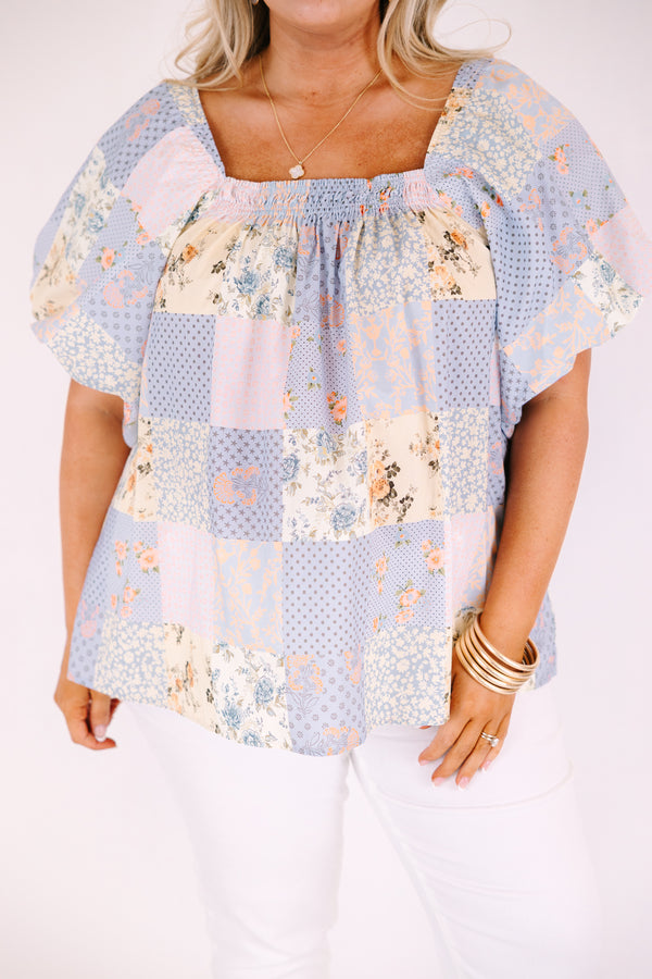 Chic soul plus size clothing, light blue patchwork pattern square neck puff sleeve baby doll top
