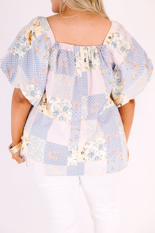 Chic soul plus size clothing, light blue patchwork pattern square neck puff sleeve baby doll top
