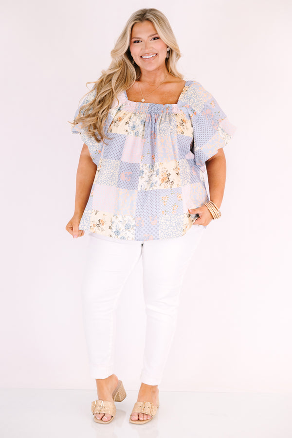 Chic soul plus size clothing, light blue patchwork pattern square neck puff sleeve baby doll top
